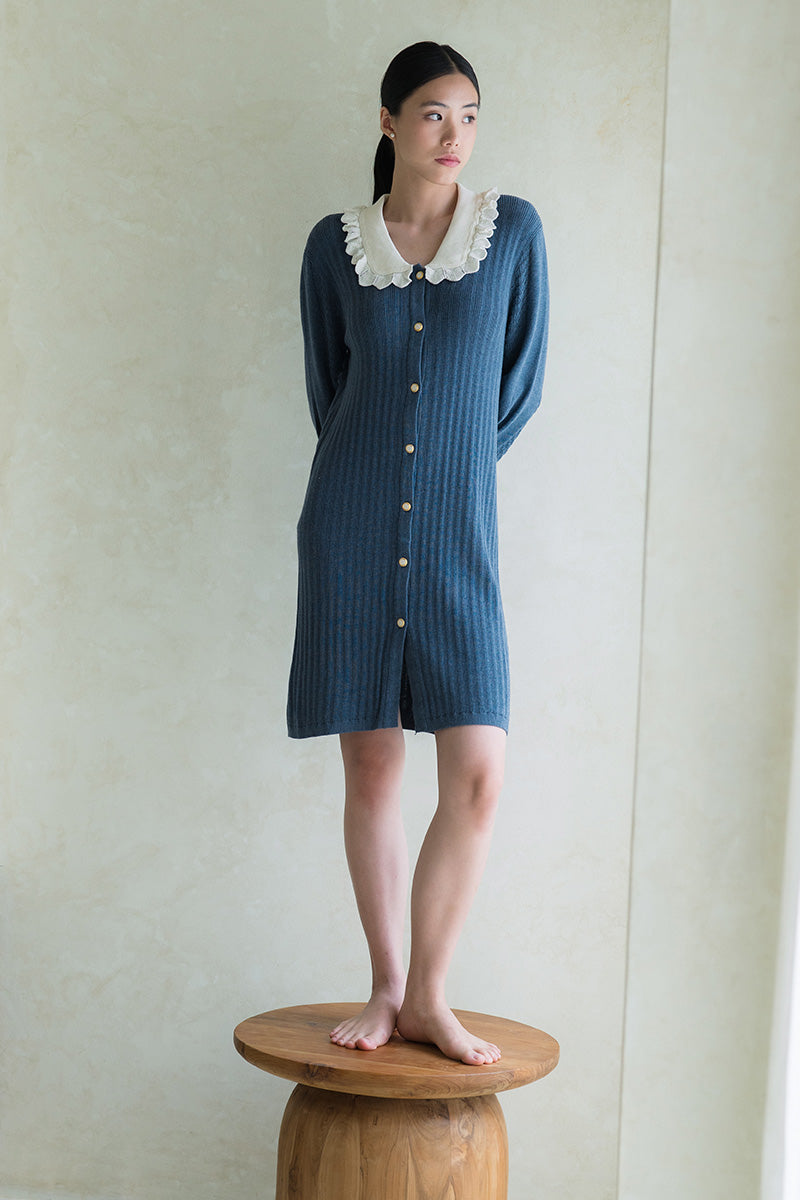 Lace-Knit Collared Rib-Knit Dress In Slate Blue