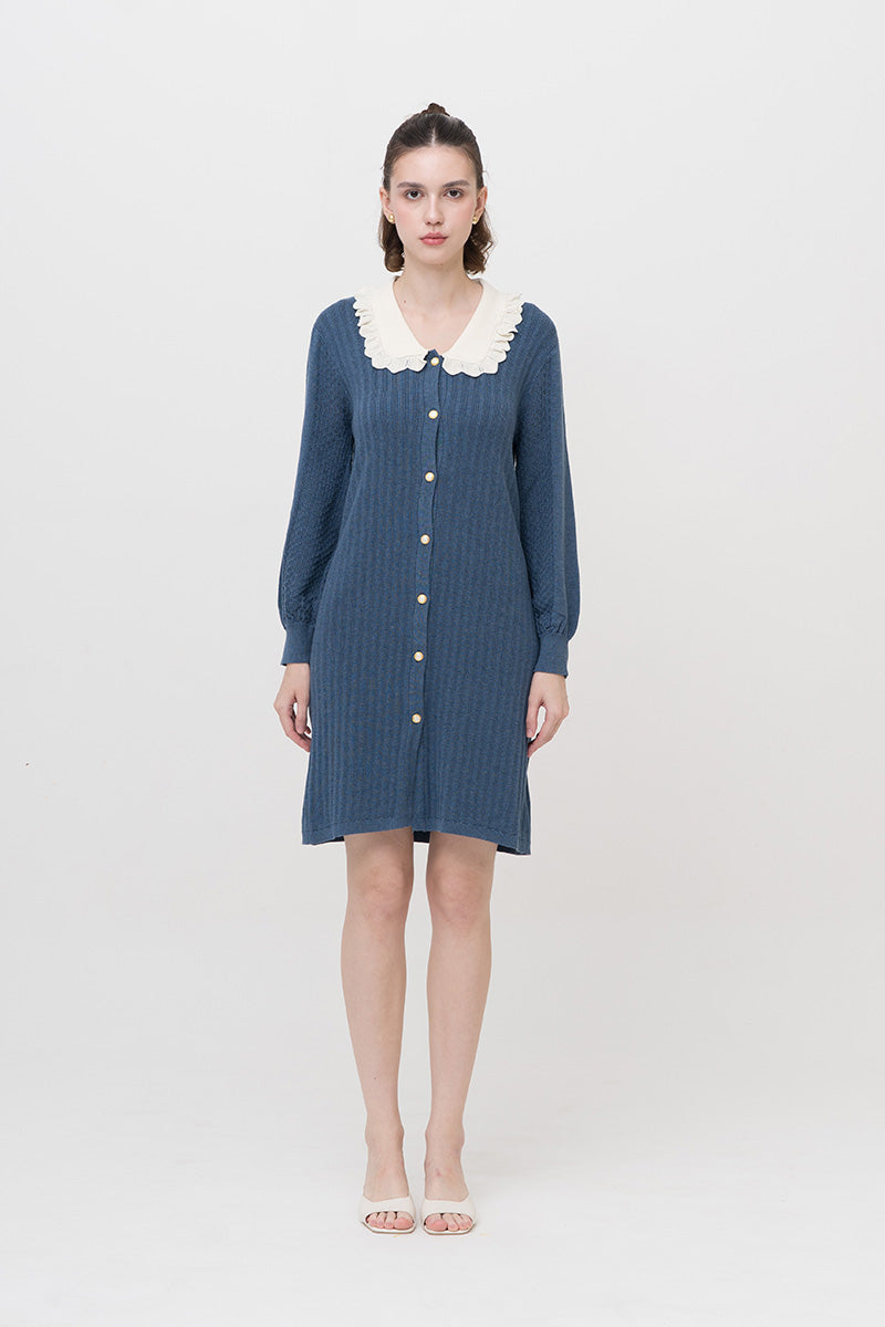 Lace-Knit Collared Rib-Knit Dress In Slate Blue