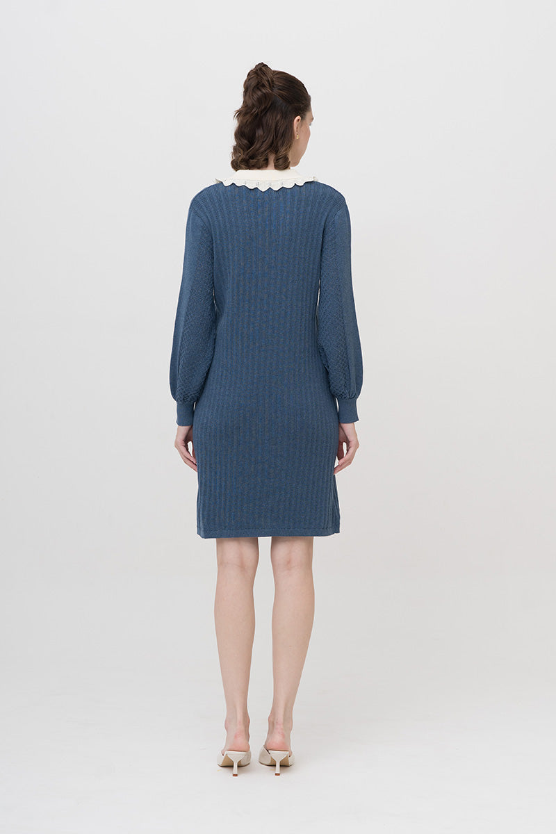 Lace-Knit Collared Rib-Knit Dress In Slate Blue