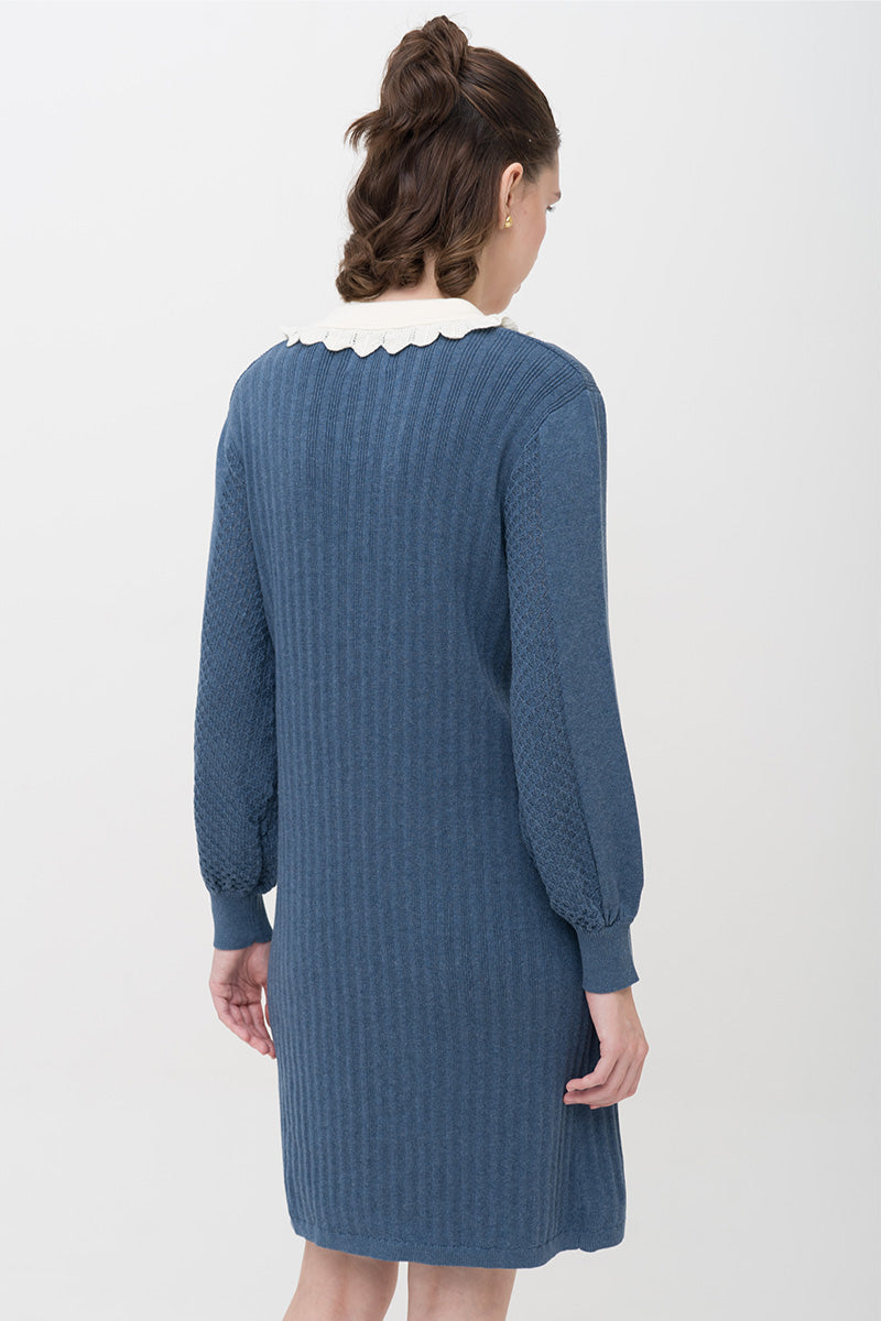 Lace-Knit Collared Rib-Knit Dress In Slate Blue