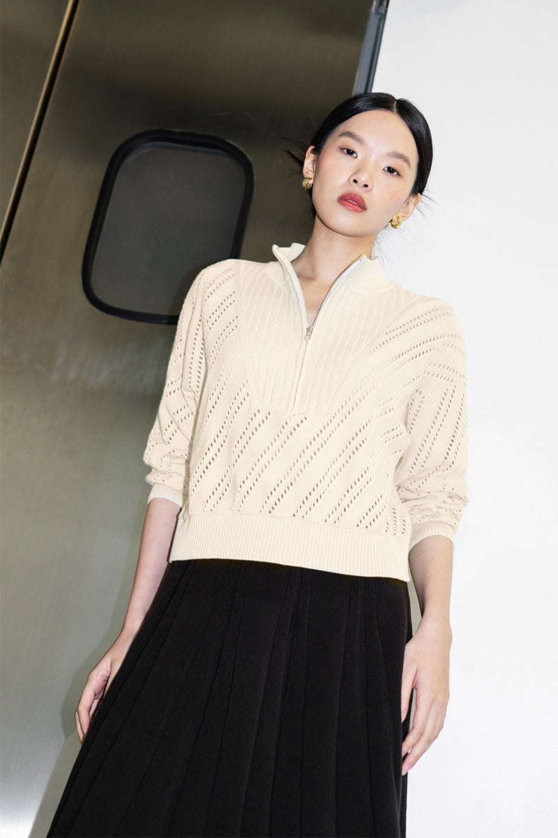 Essential Perforated Zip Sweater In Cream