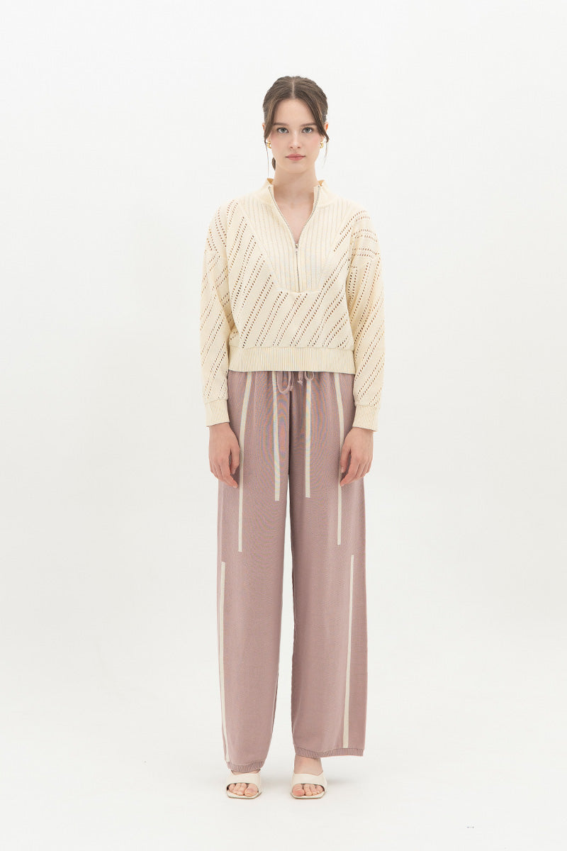 Essential Perforated Zip Sweater In Cream