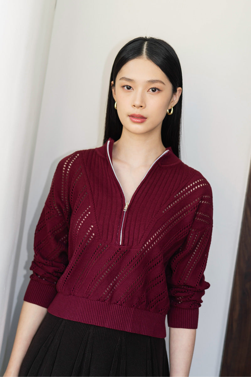 Essential Perforated Zip Sweater In Maroon
