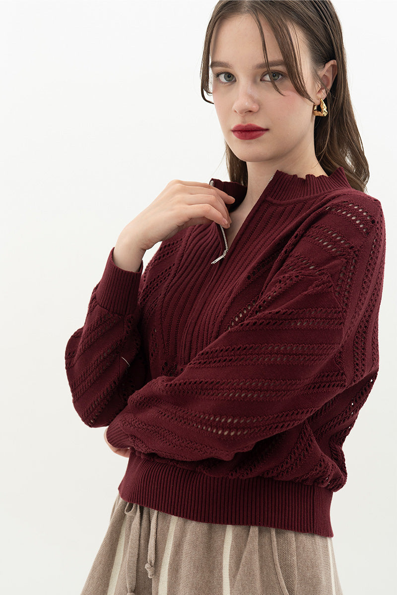 Essential Perforated Zip Sweater In Maroon