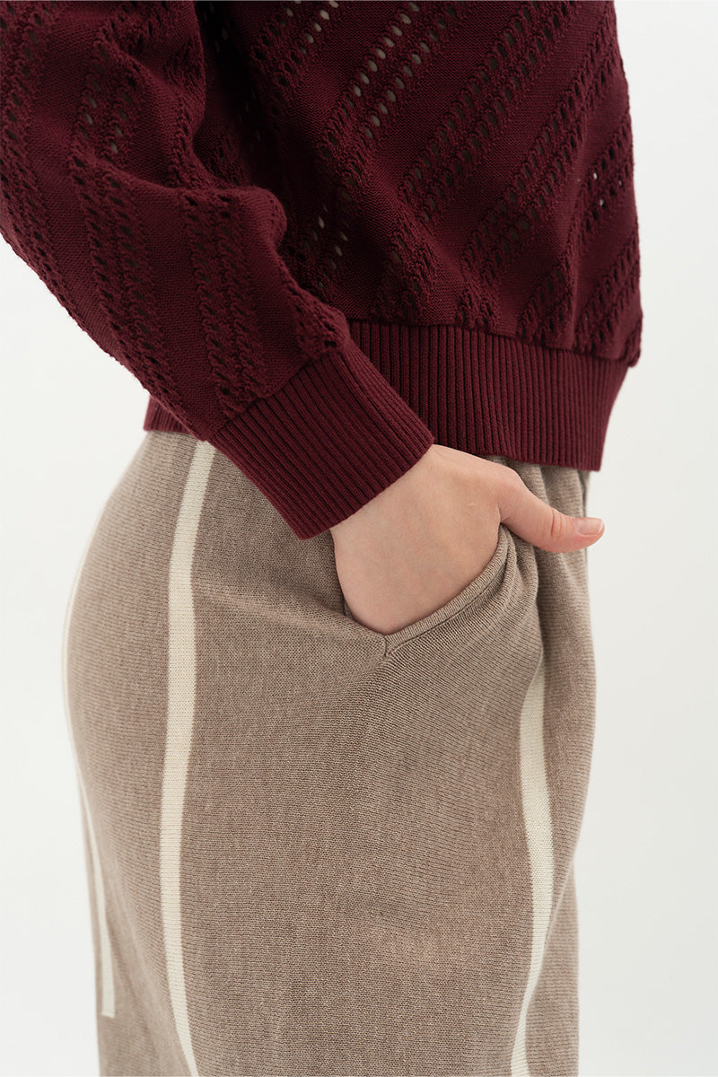 Essential Perforated Zip Sweater In Maroon