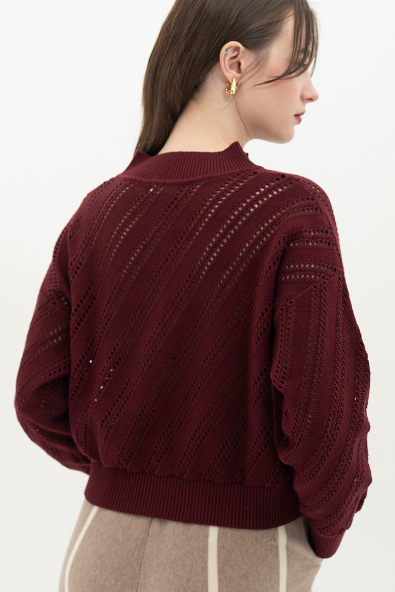 Essential Perforated Zip Sweater In Maroon
