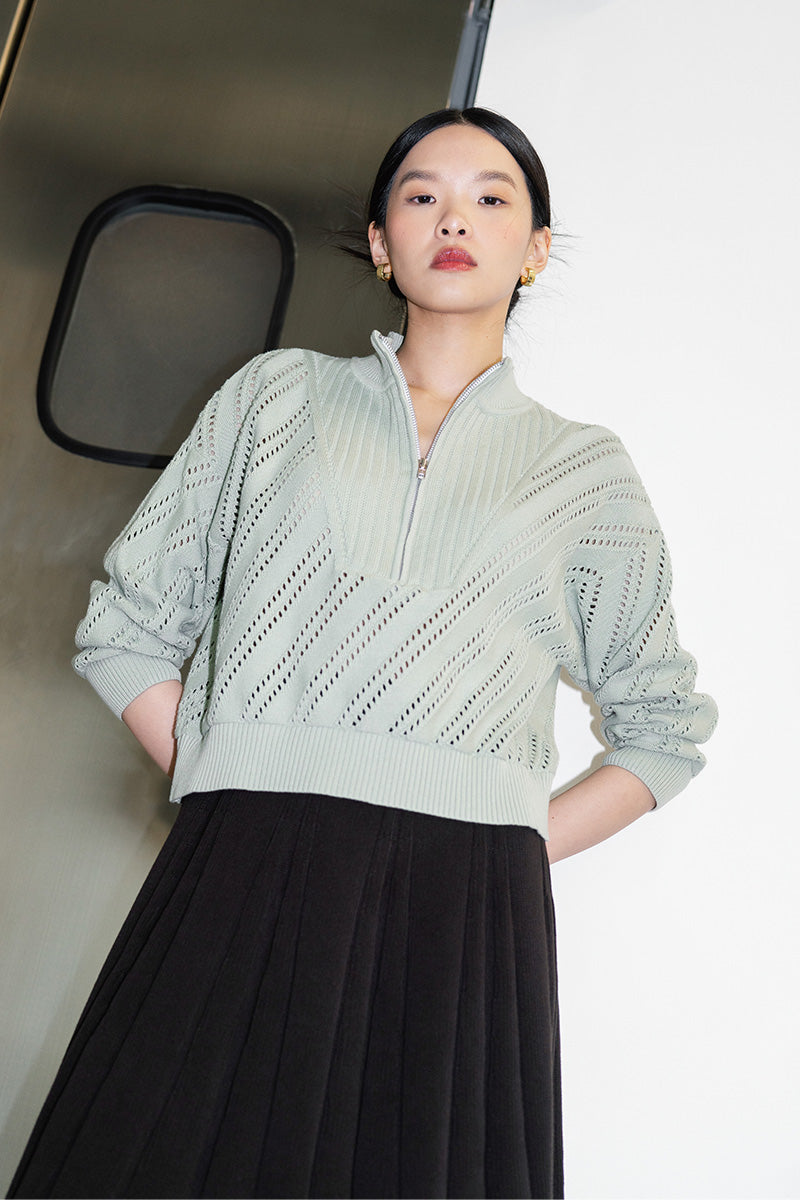 Essential Perforated Zip Sweater In Sage Green