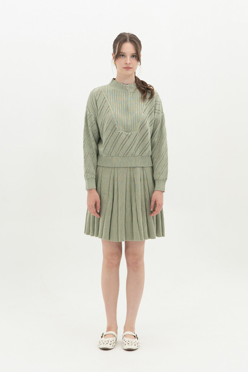 Essential Perforated Zip Sweater In Sage Green