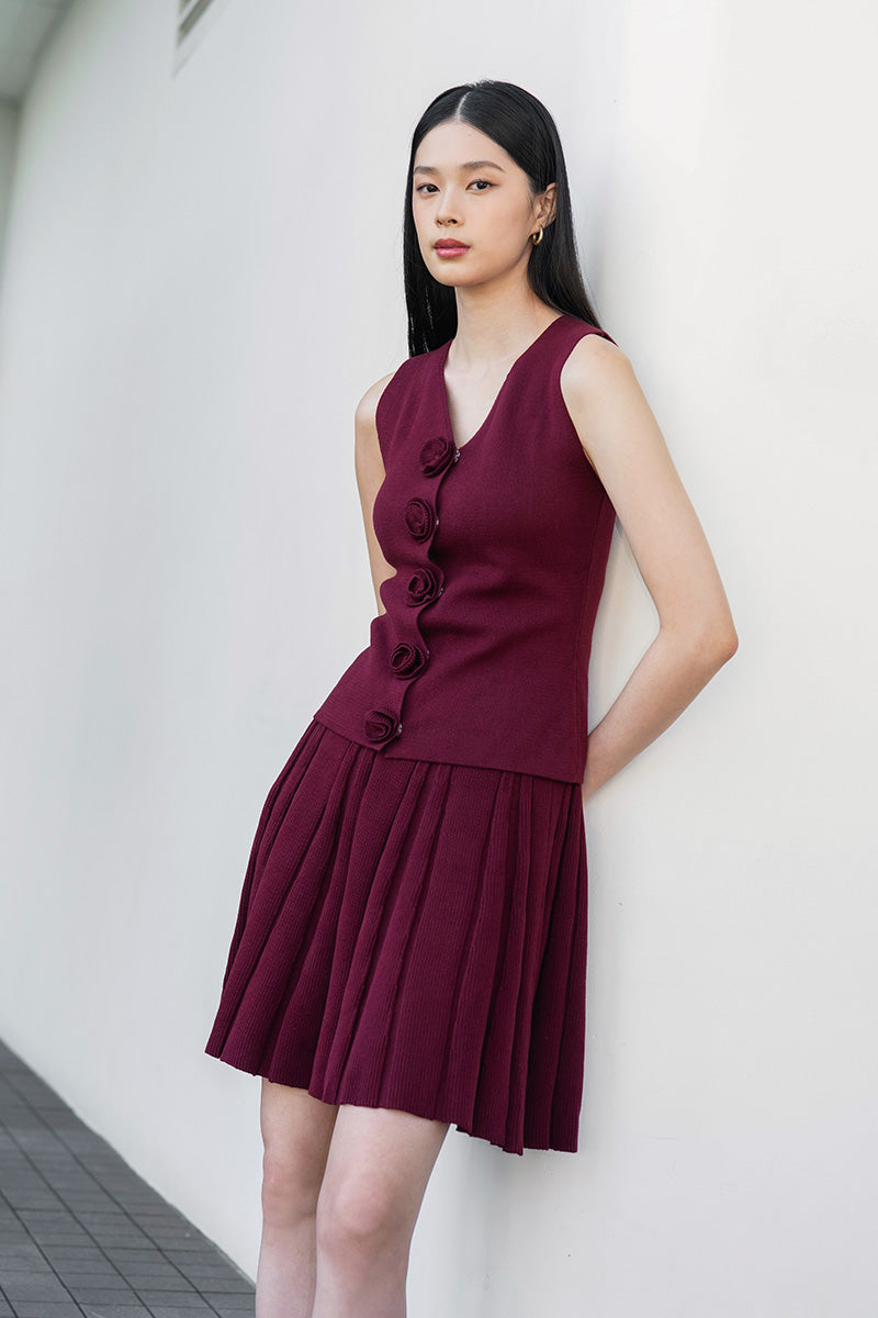 Essential Pleated Knit Mini Skirt In Maroon
