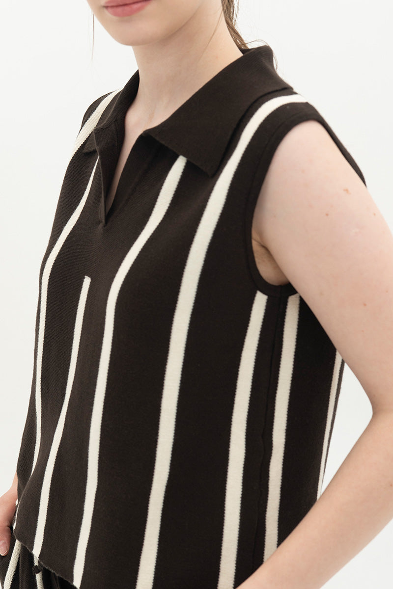 Essential Striped Polo Vest In Cacao