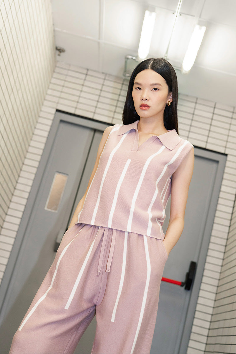 Essential Striped Polo Vest In Mauve Pink