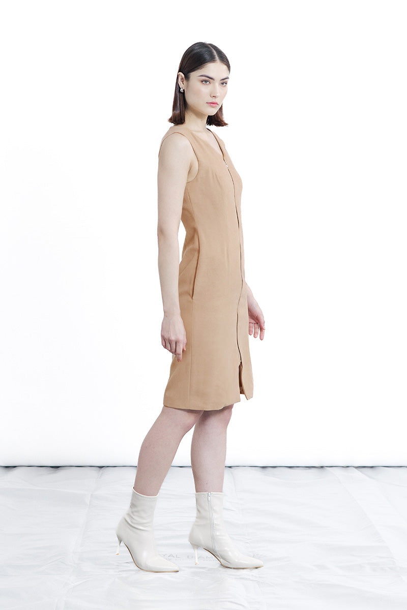 Zipper Fitted Dress In Camel