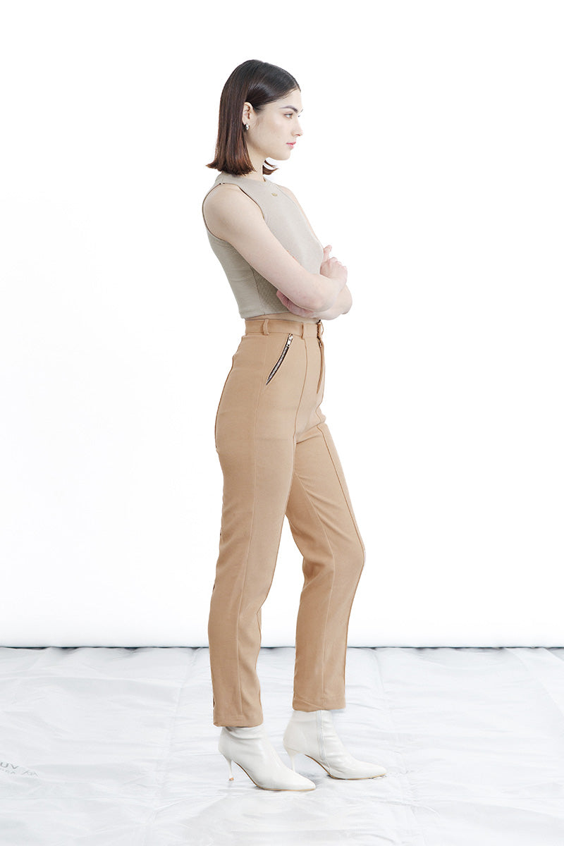 Zipper Slim Pants In Camel