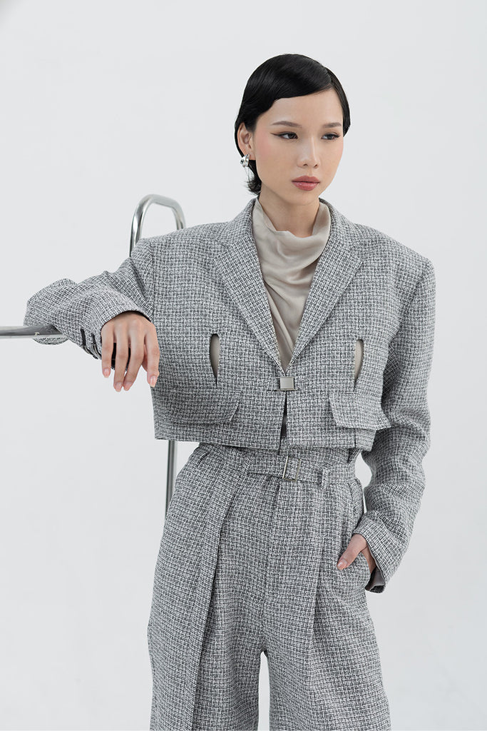 Buckle Cropped Tweed Blazer In Stone Grey