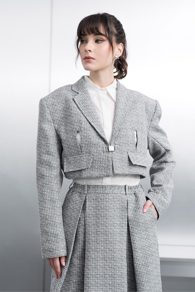 Buckle Cropped Tweed Blazer In Stone Grey