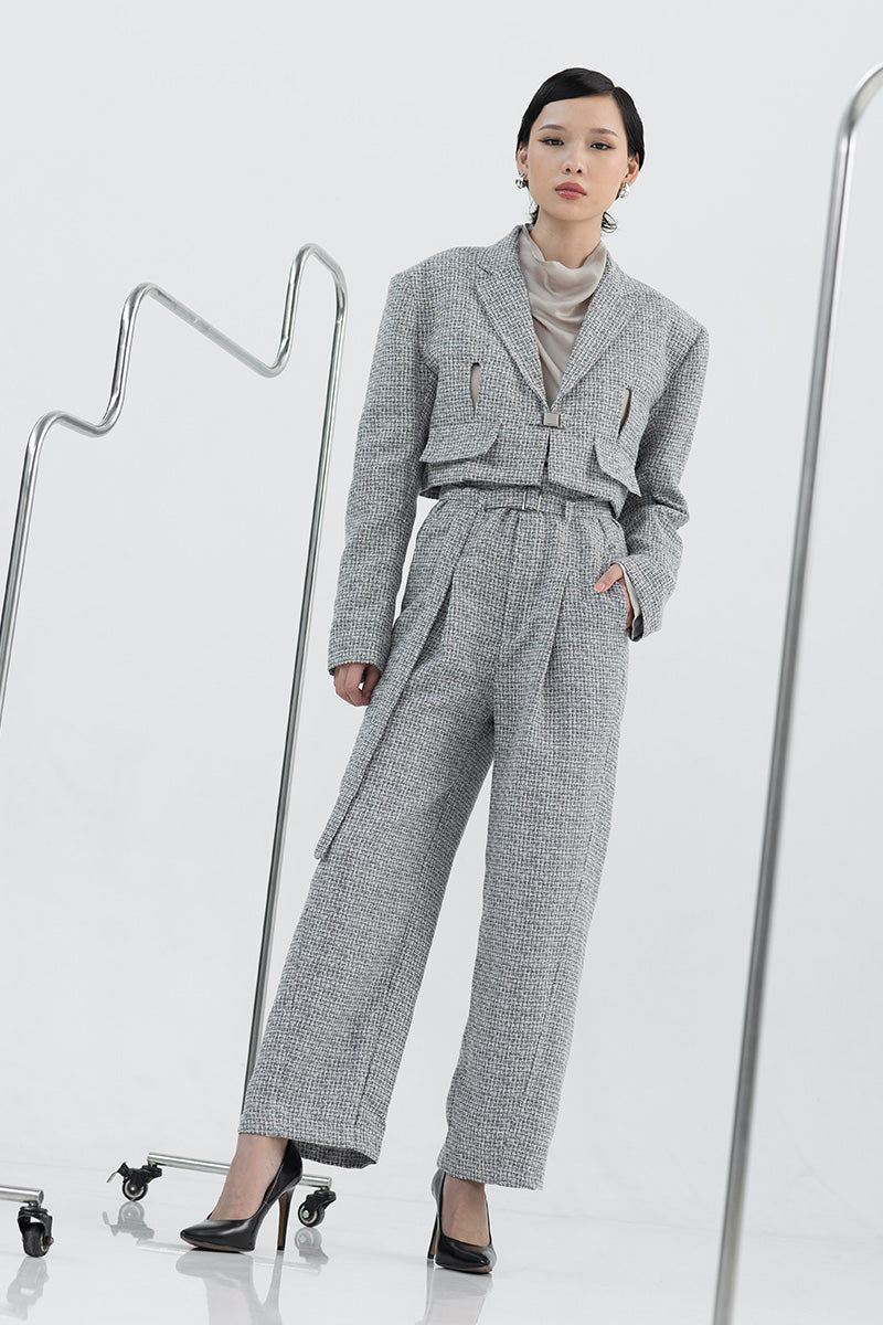 Buckle Straight Leg Tweed Pants In Stone Grey