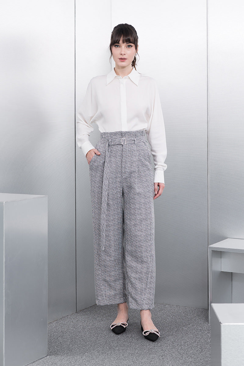 Buckle Straight Leg Tweed Pants In Stone Grey