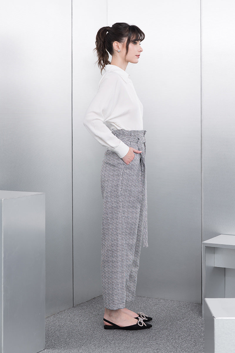 Buckle Straight Leg Tweed Pants In Stone Grey