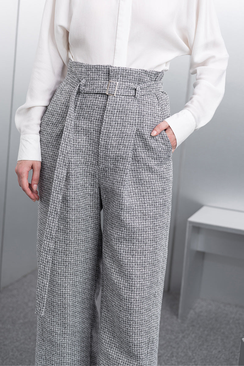 Buckle Straight Leg Tweed Pants In Stone Grey