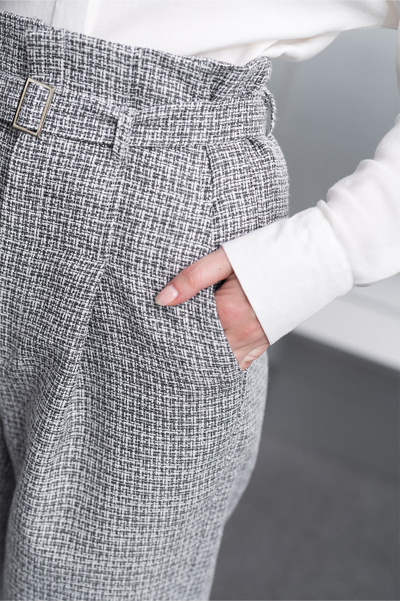 Buckle Straight Leg Tweed Pants In Stone Grey