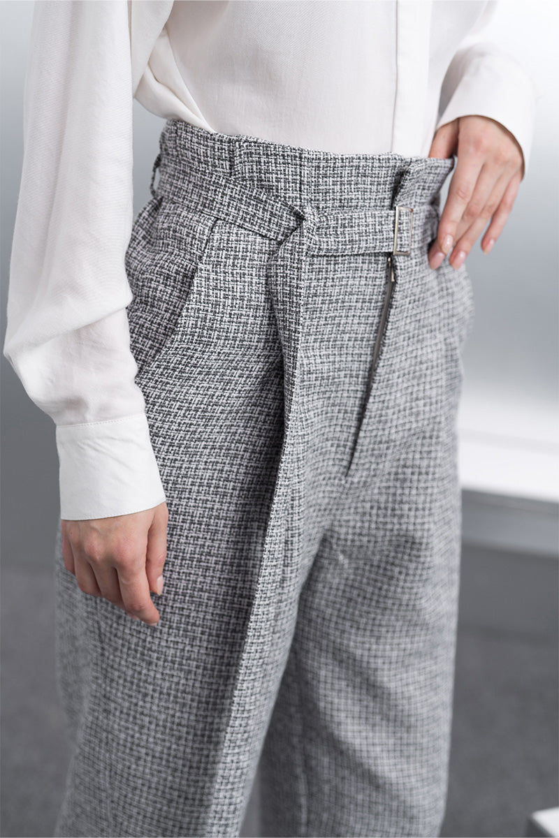 Buckle Straight Leg Tweed Pants In Stone Grey