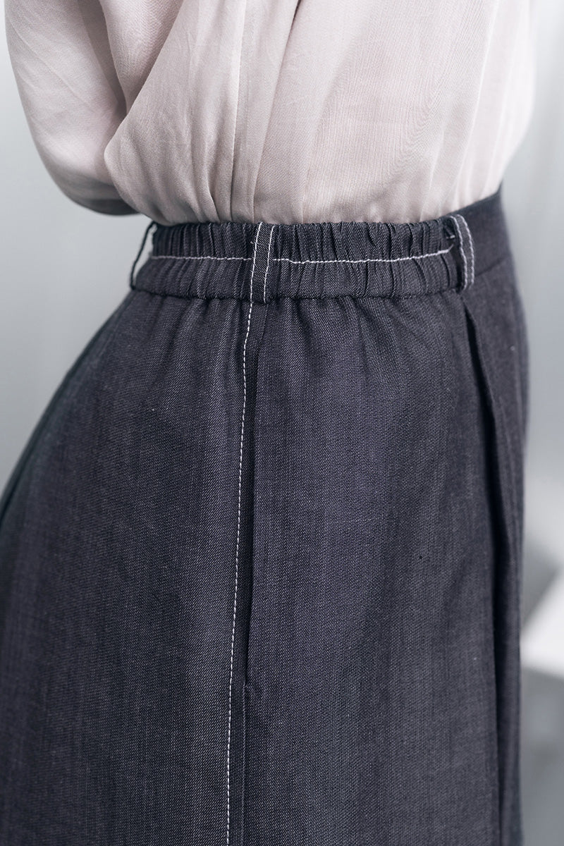 Pleated Denim Midi Skirt In Dark Indigo