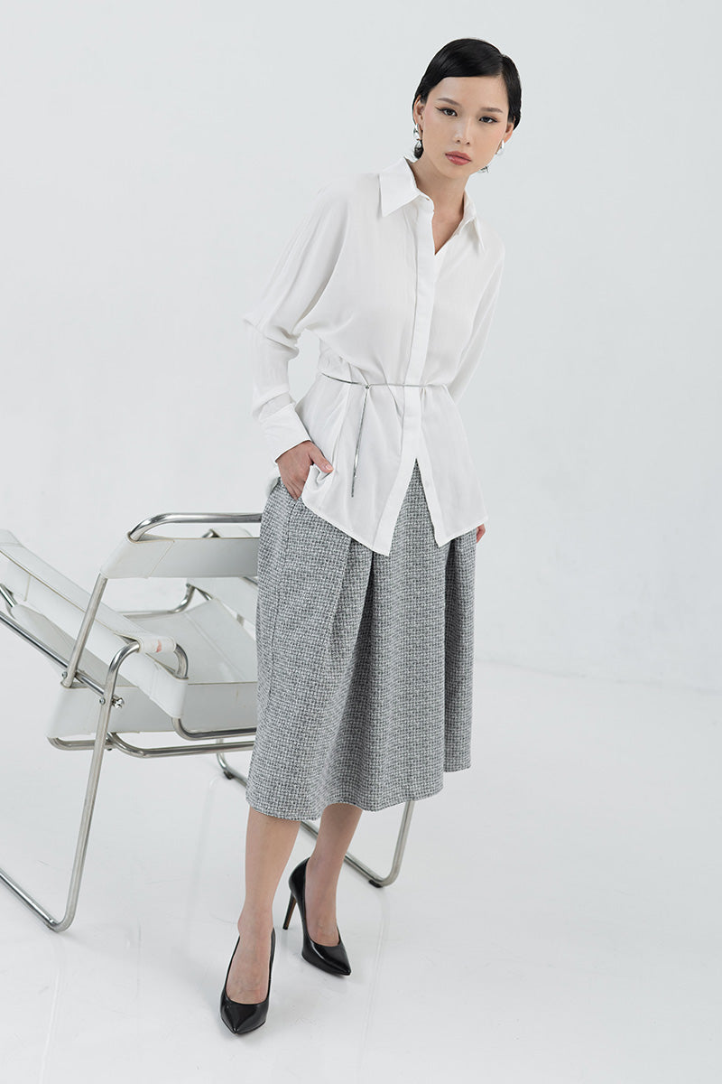 Pleated Tweed Midi Skirt In Stone Grey