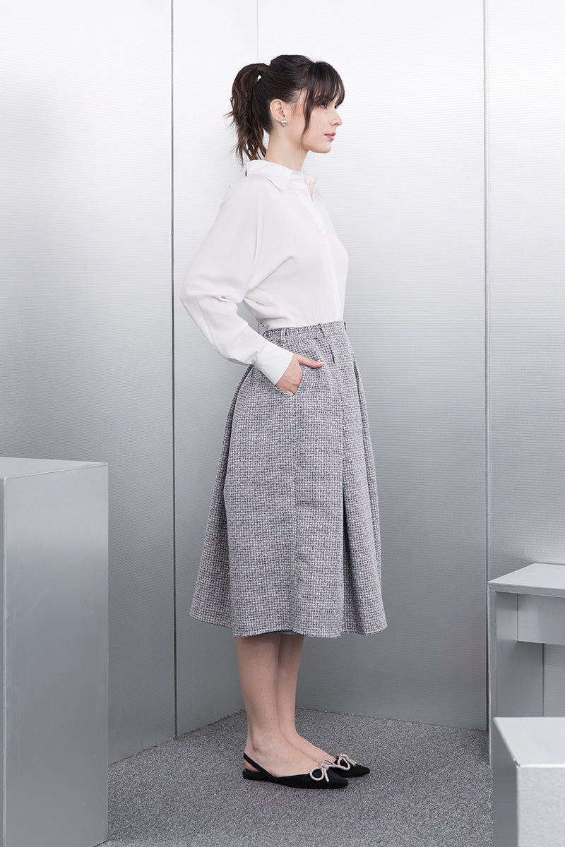 Pleated Tweed Midi Skirt In Stone Grey