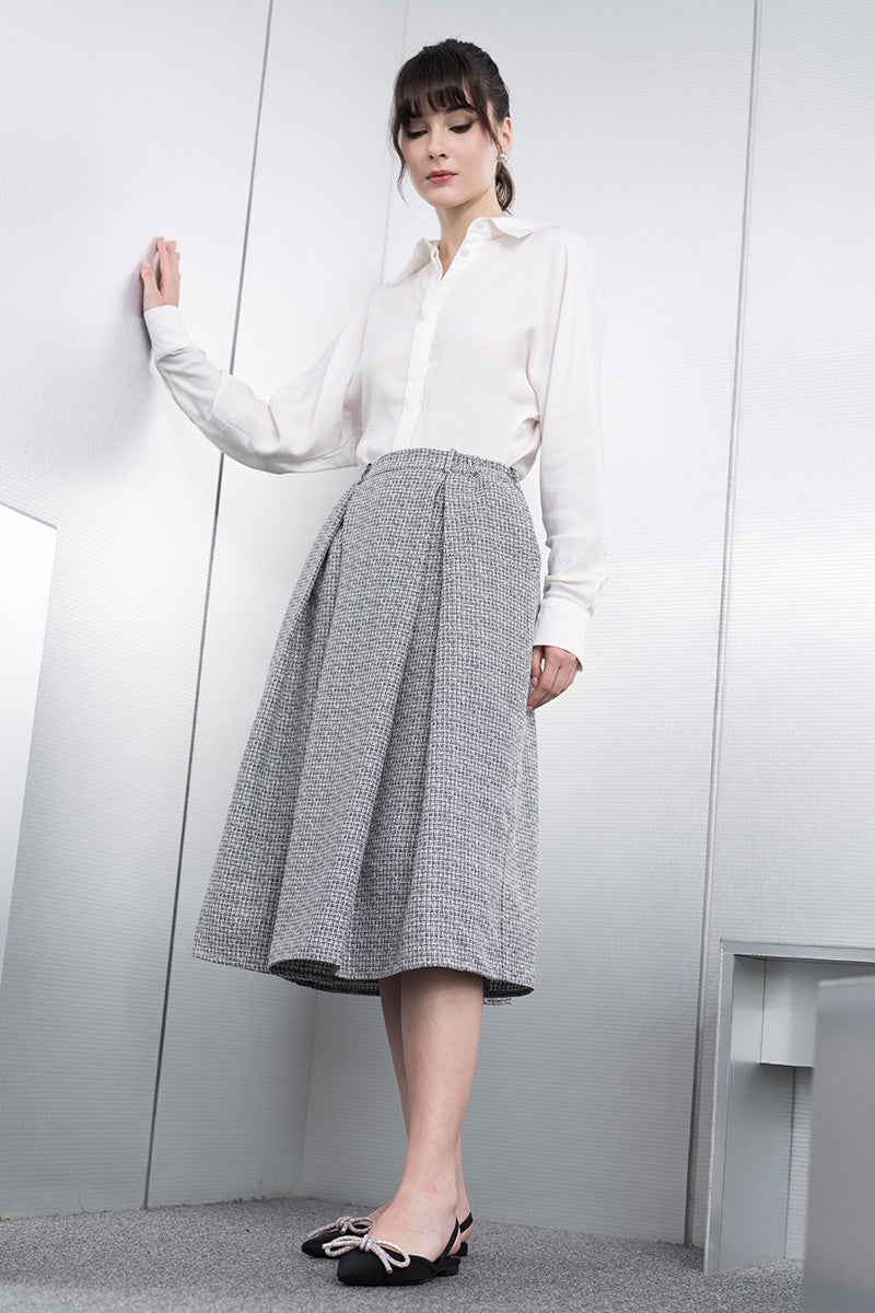 Pleated Tweed Midi Skirt In Stone Grey