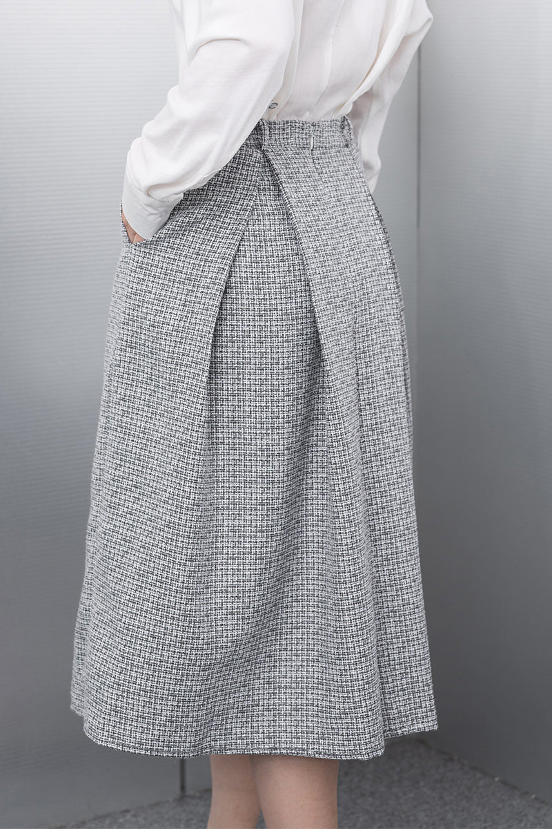 Pleated Tweed Midi Skirt In Stone Grey