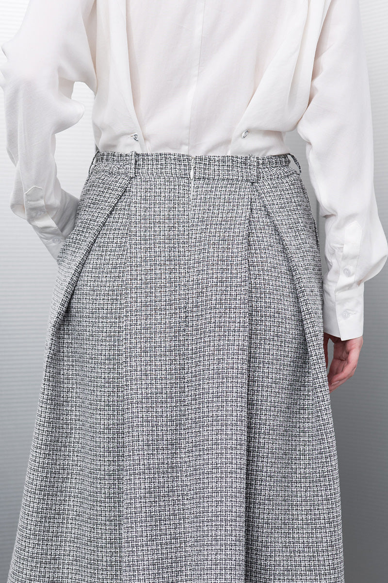 Pleated Tweed Midi Skirt In Stone Grey