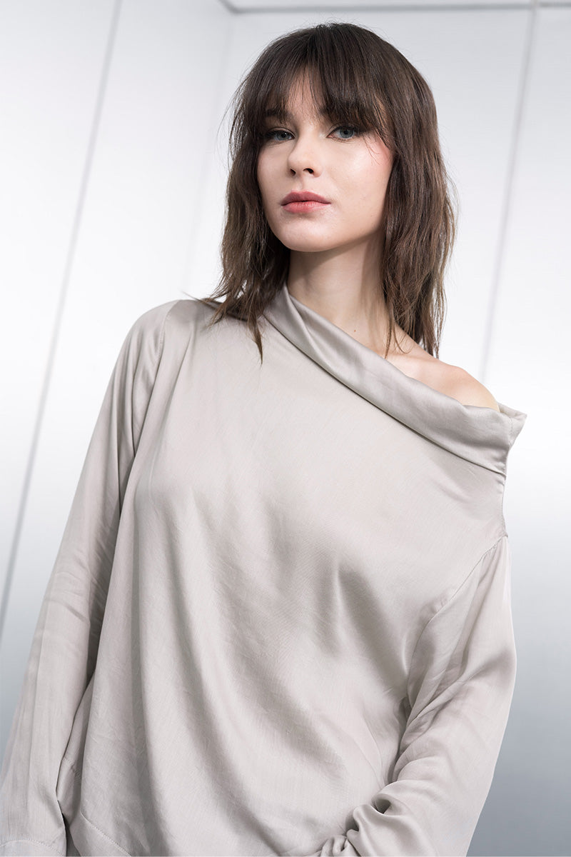 Sateen Off-Shoulder Top In Dove Grey