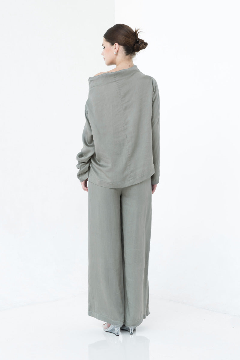 Sateen Off-Shoulder Top In Forest Sage