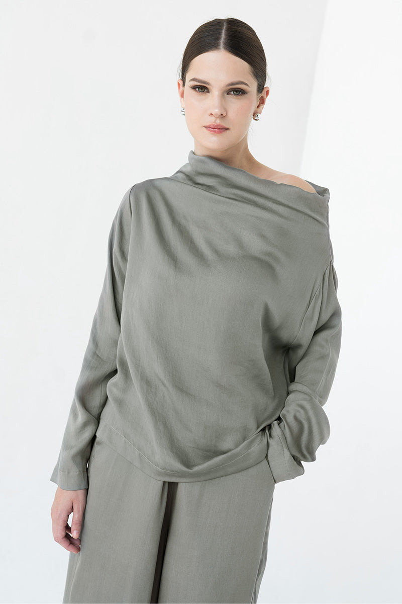 Sateen Off-Shoulder Top In Forest Sage