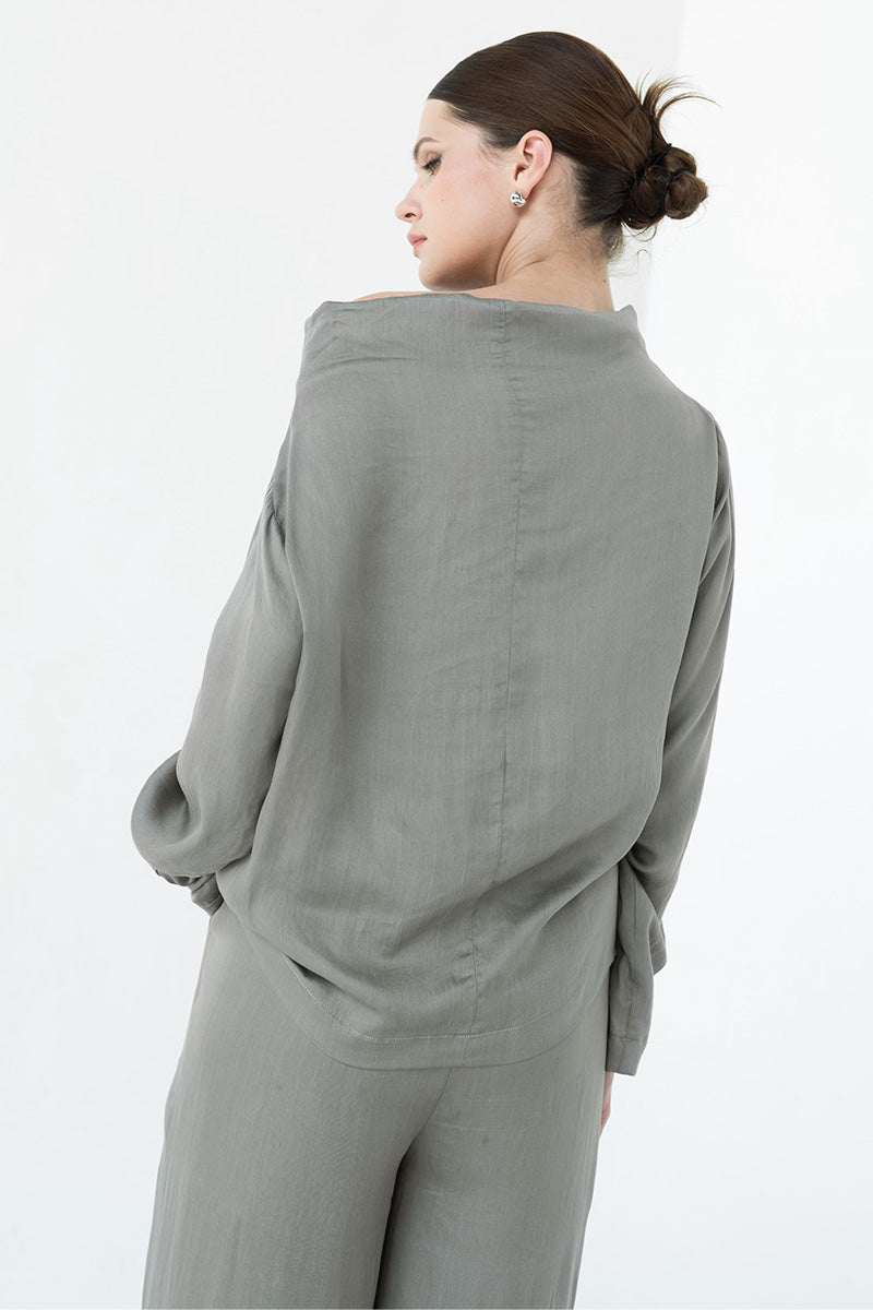 Sateen Off-Shoulder Top In Forest Sage