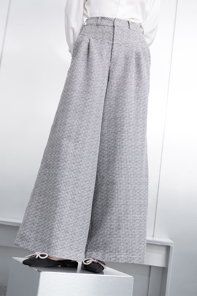 Wide Leg Tweed Pants In Stone Grey