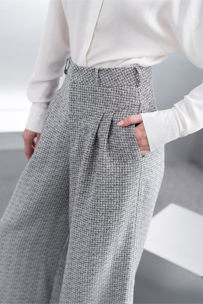 Wide Leg Tweed Pants In Stone Grey