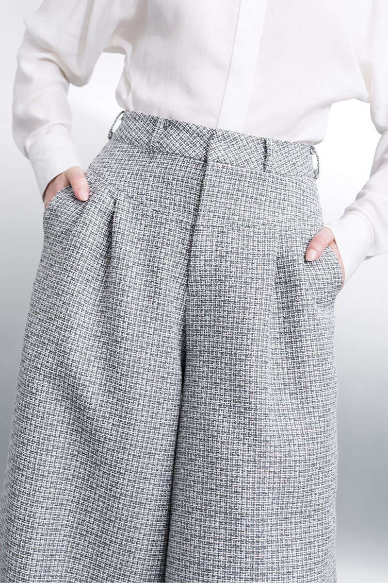 Wide Leg Tweed Pants In Stone Grey