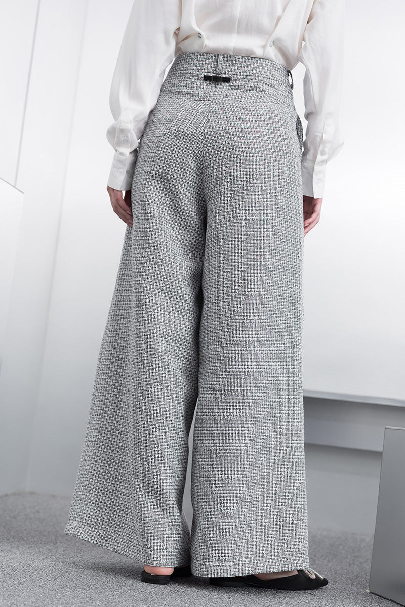 Wide Leg Tweed Pants In Stone Grey