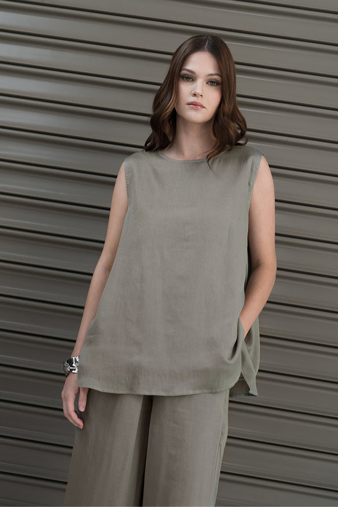 Sateen Sleeveless Top In Forest Sage