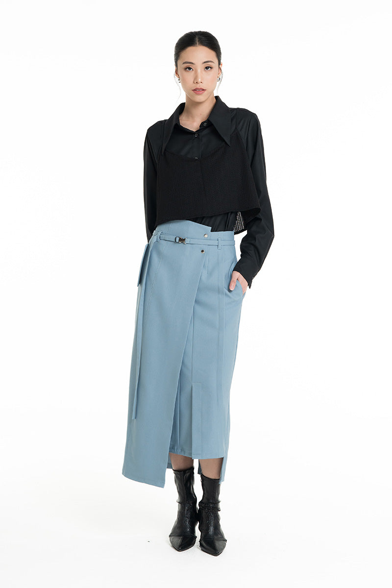 Asymmetric Wrap Midi Skirt In Sky Blue