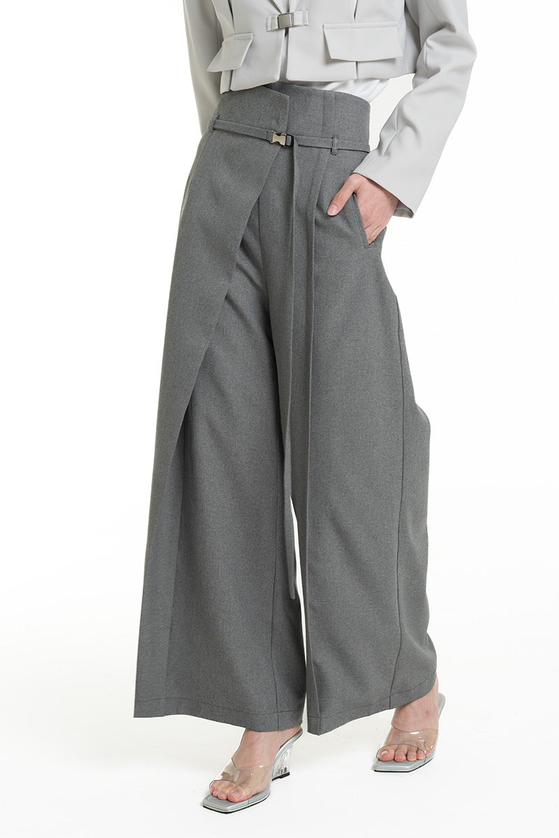 Asymmetric Wrap Wide Leg Pants In Cool Grey
