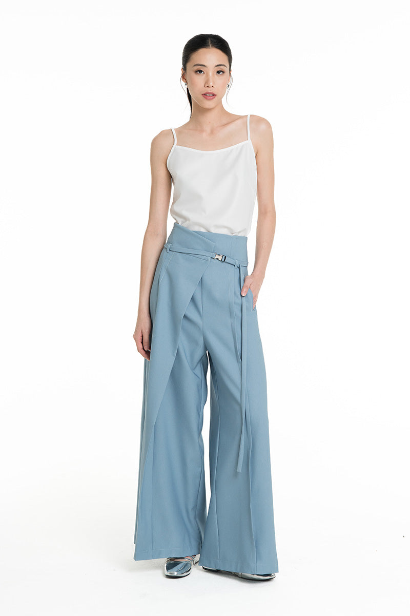 Asymmetric Wrap Wide Leg Pants In Sky Blue