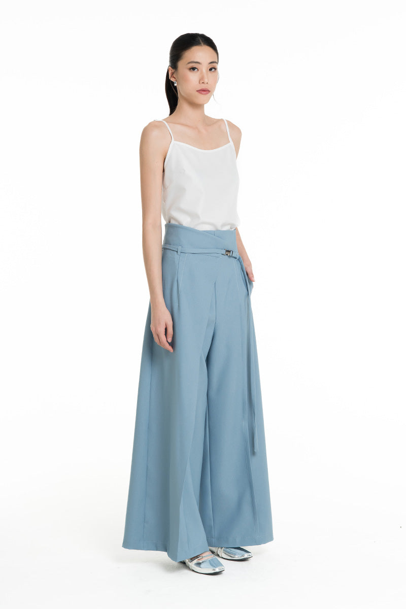 Asymmetric Wrap Wide Leg Pants In Sky Blue