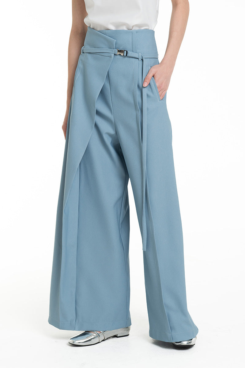 Asymmetric Wrap Wide Leg Pants In Sky Blue