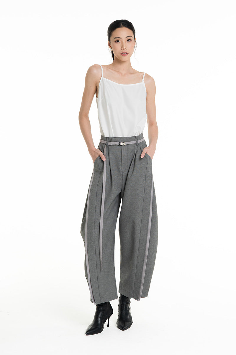 Barrel Pants With Buckle Belt And Side Stripes In Cool Grey