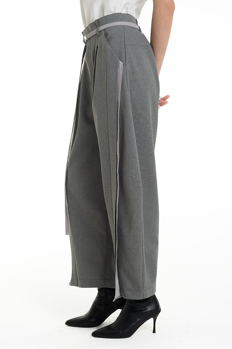Barrel Pants With Buckle Belt And Side Stripes In Cool Grey