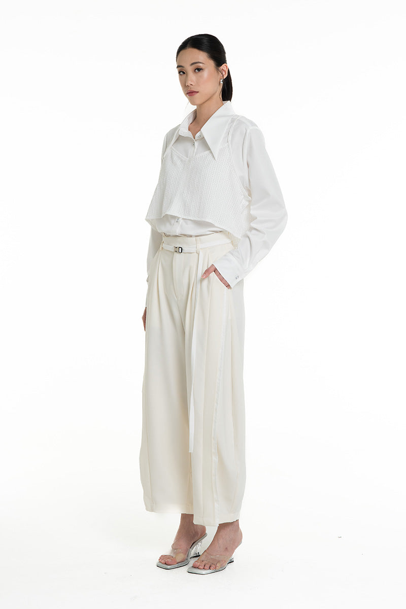 Barrel Pants With Buckle Belt And Side Stripes In Ivory