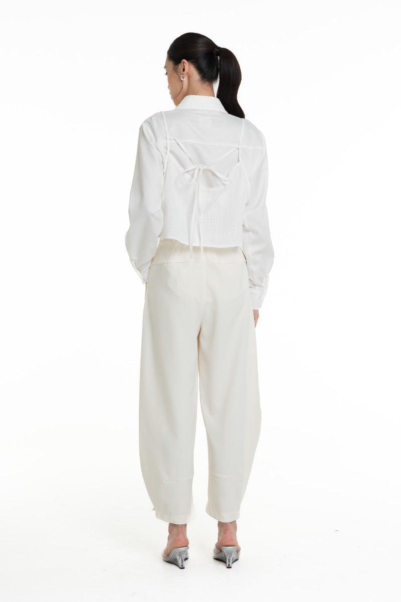 Barrel Pants With Buckle Belt And Side Stripes In Ivory