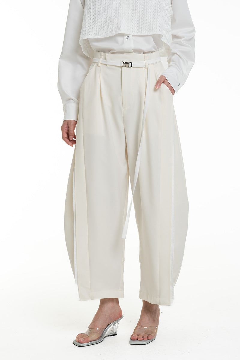 Barrel Pants With Buckle Belt And Side Stripes In Ivory